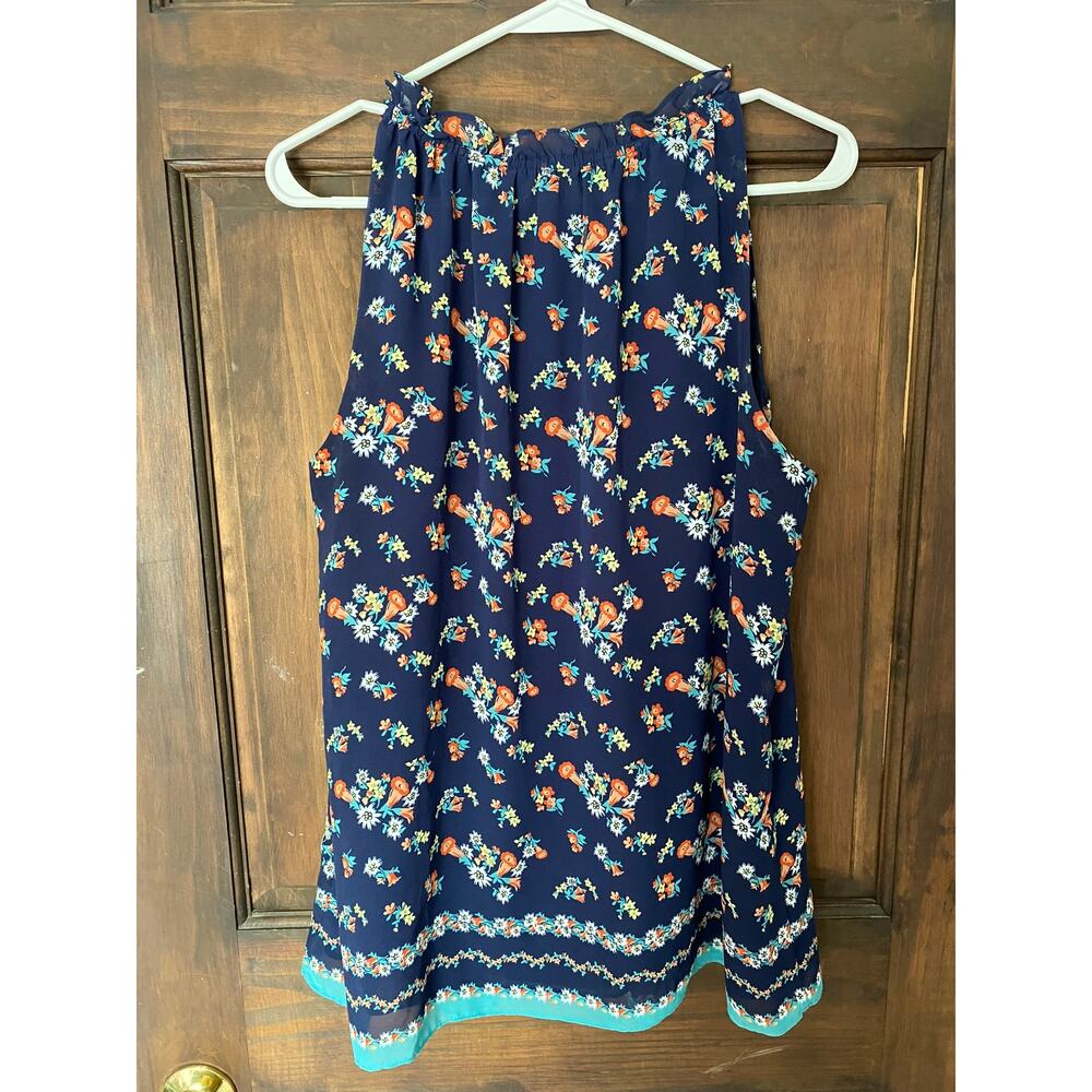 Max Studio Womens Medium Polyester Lined Blue Floral Top Tie Neck - Picture 7 of 13